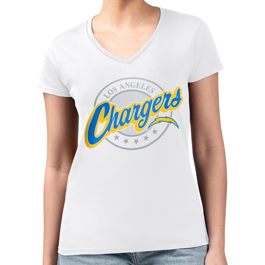 Los Angeles Chargers G-III 4Her by Carl Banks Women's Super-Slim Fit Lightweight Pinstripe Circle V-Neck T-Shirt - White discount