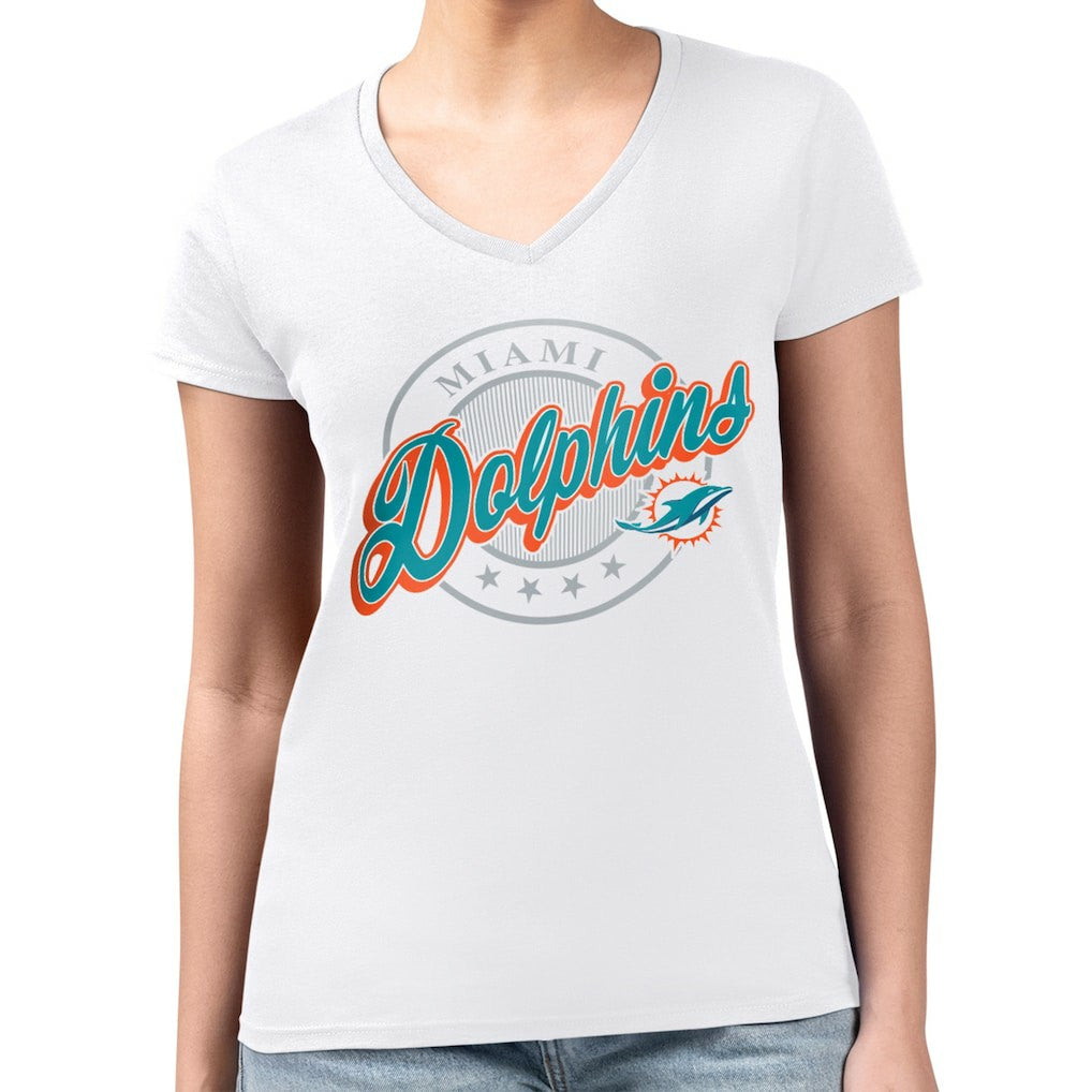 Miami Dolphins G-III 4Her by Carl Banks Women's Super-Slim Fit Lightweight Pinstripe Circle V-Neck T-Shirt - White outlet