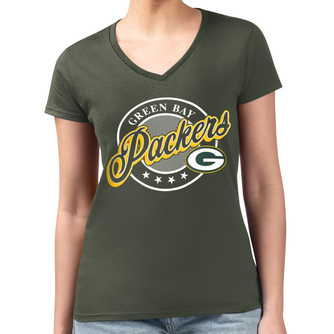 Green Bay Packers G-III 4Her by Carl Banks Women's Super-Slim Fit Lightweight Pinstripe Circle V-Neck T-Shirt - Green sale
