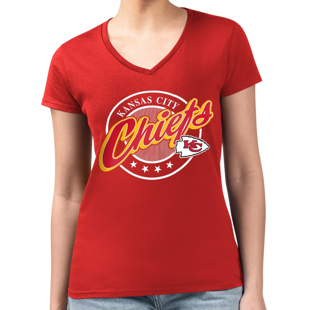 Kansas City Chiefs G-III 4Her by Carl Banks Women's Super-Slim Fit Lightweight Pinstripe Circle V-Neck T-Shirt - Red outlet