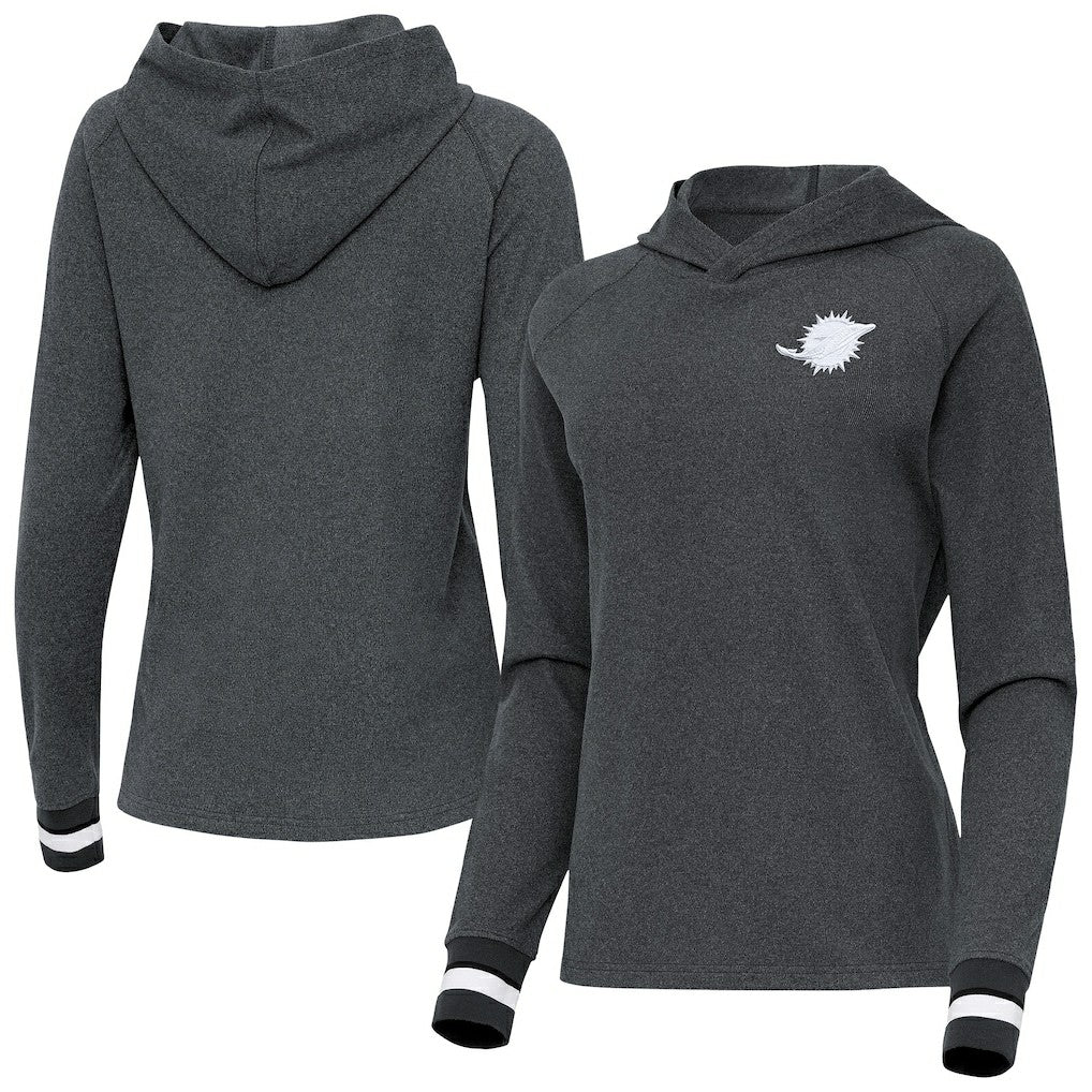 Miami Dolphins Antigua Women's Trek Raglan Pullover Hoodie - Heather Charcoal discount