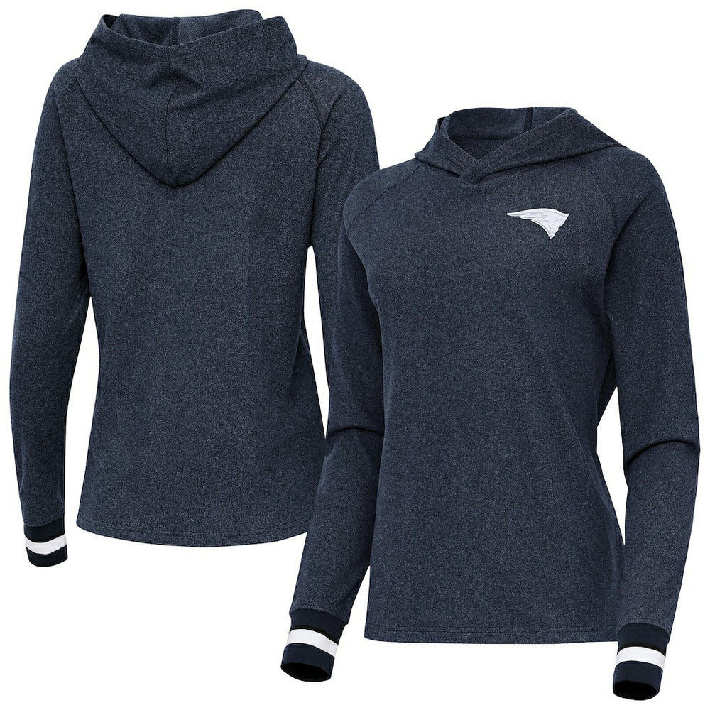 New England Patriots Antigua Women's Trek Raglan Pullover Hoodie - Heather Navy for sale