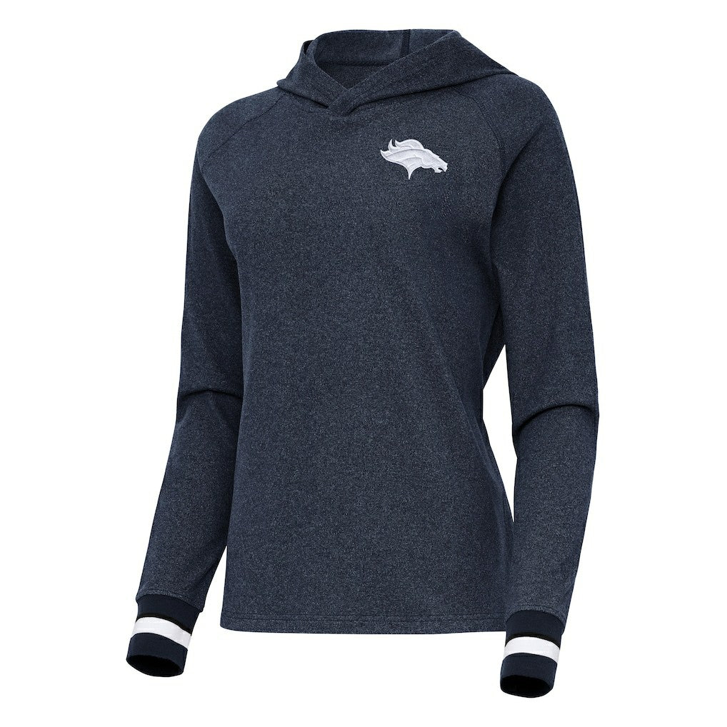 Denver Broncos Antigua Women's Trek Raglan Pullover Hoodie - Heather Navy online