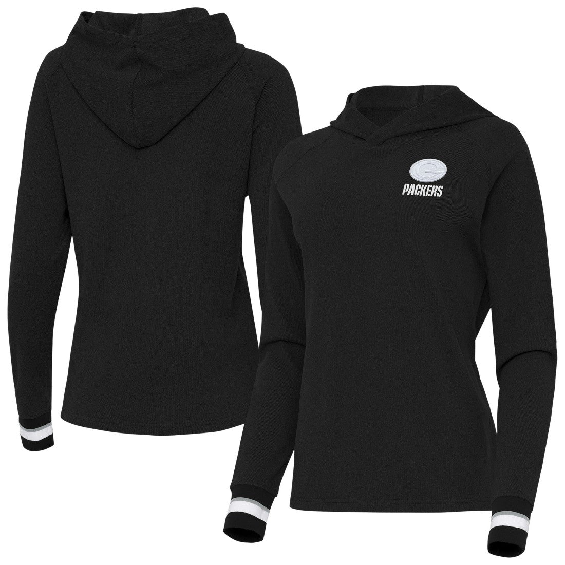 Green Bay Packers Antigua Women's Trek Raglan Pullover Hoodie - Black for sale