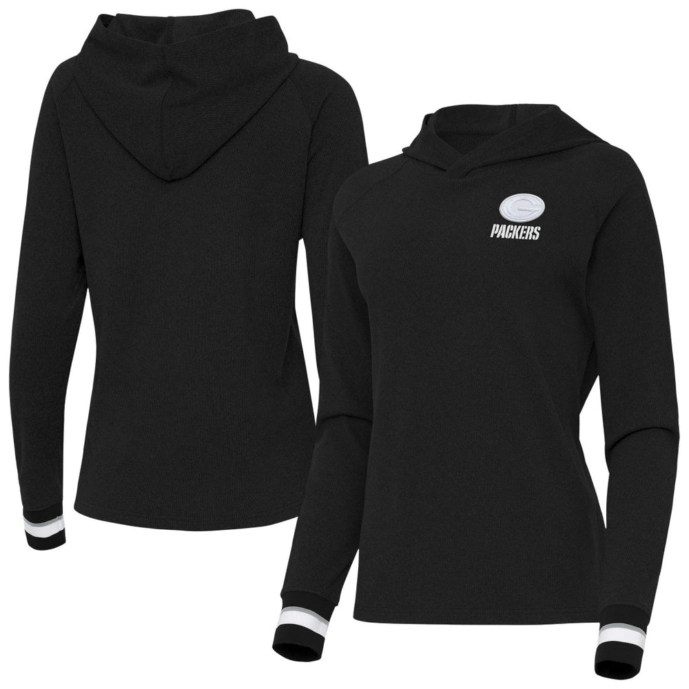 Green Bay Packers Antigua Women's Trek Raglan Pullover Hoodie - Black for sale