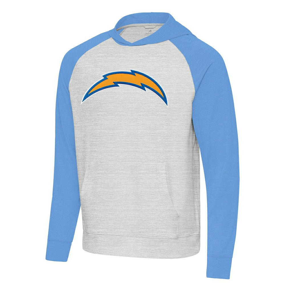 Los Angeles Chargers Antigua Urgent Raglan Pullover Hoodie - Heather Gray/Heather Powder Blue cheap