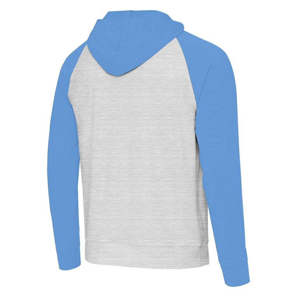 Los Angeles Chargers Antigua Urgent Raglan Pullover Hoodie - Heather Gray/Heather Powder Blue cheap