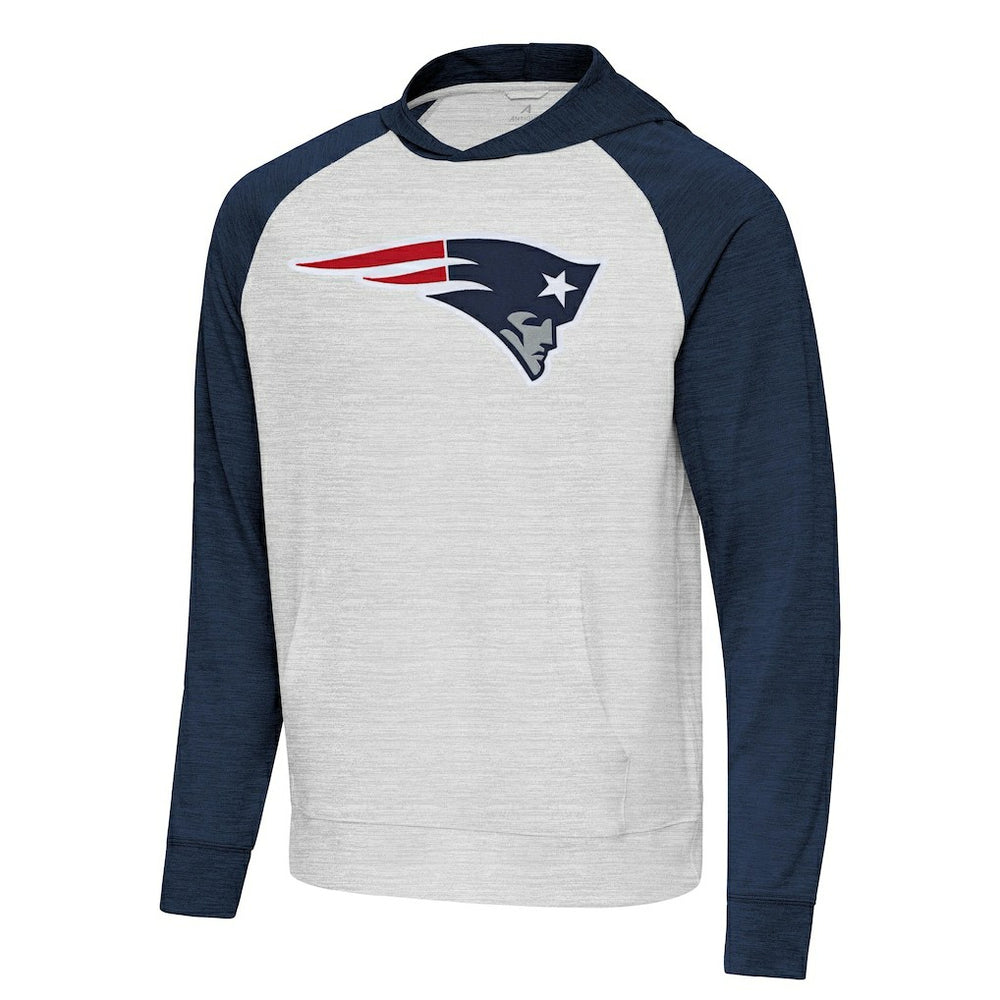 New England Patriots Antigua Urgent Raglan Pullover Hoodie - Heather Gray/Heather Navy outlet