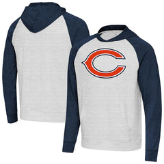 Chicago Bears Antigua Urgent Raglan Pullover Hoodie - Heather Gray/Heather Navy sale