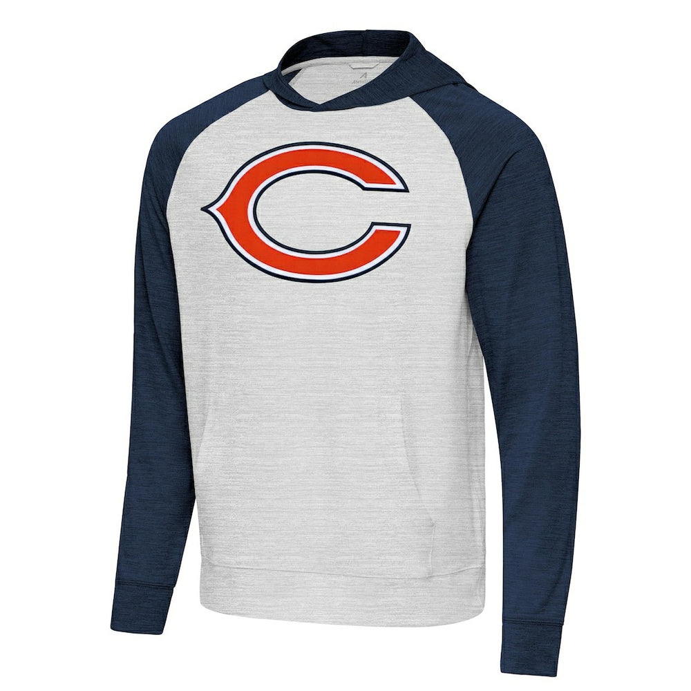 Chicago Bears Antigua Urgent Raglan Pullover Hoodie - Heather Gray/Heather Navy sale