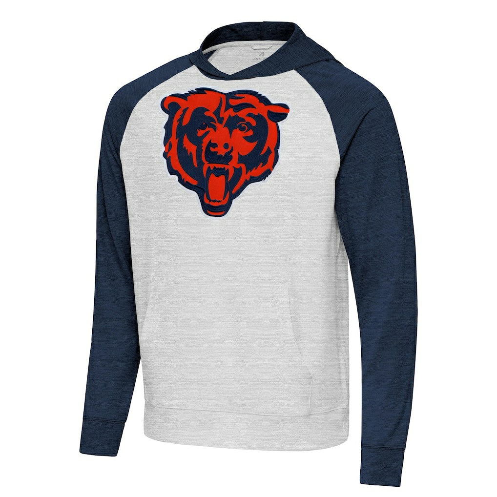 Chicago Bears Antigua Urgent Raglan Pullover Hoodie - Heather Gray/Heather Navy online