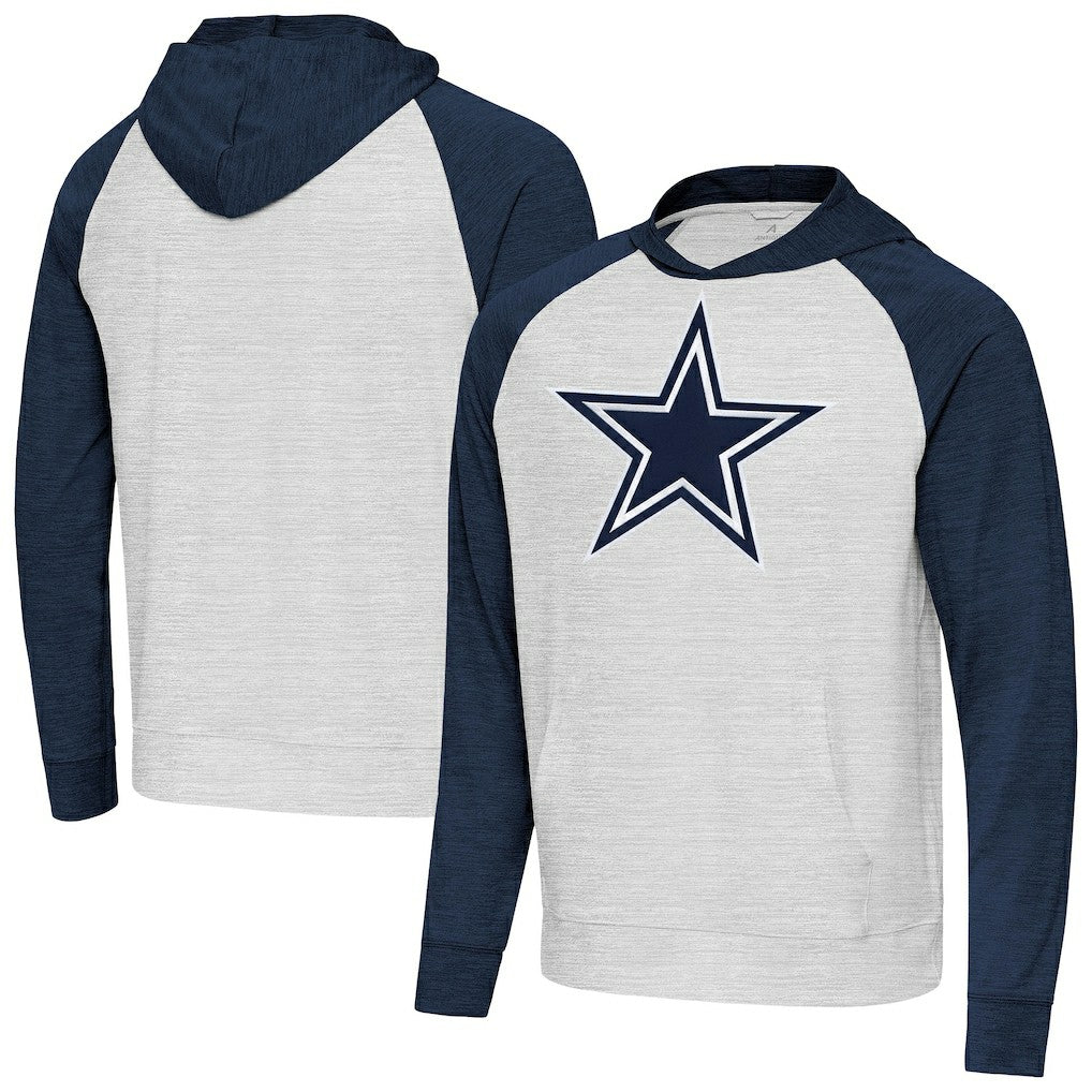 Dallas Cowboys Antigua Urgent Raglan Pullover Hoodie - Heather Gray/Heather Navy cheap