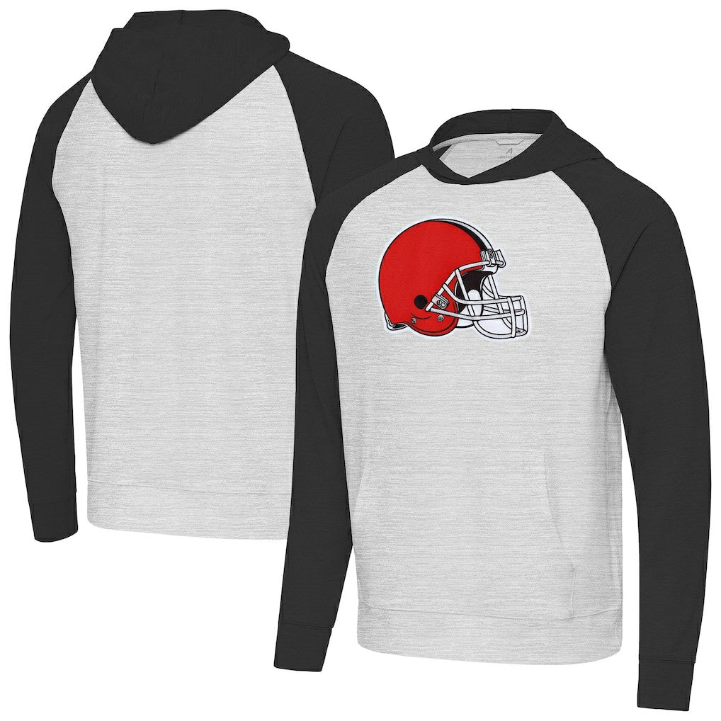 Cleveland Browns Antigua Urgent Raglan Pullover Hoodie - Heather Gray/Black for sale