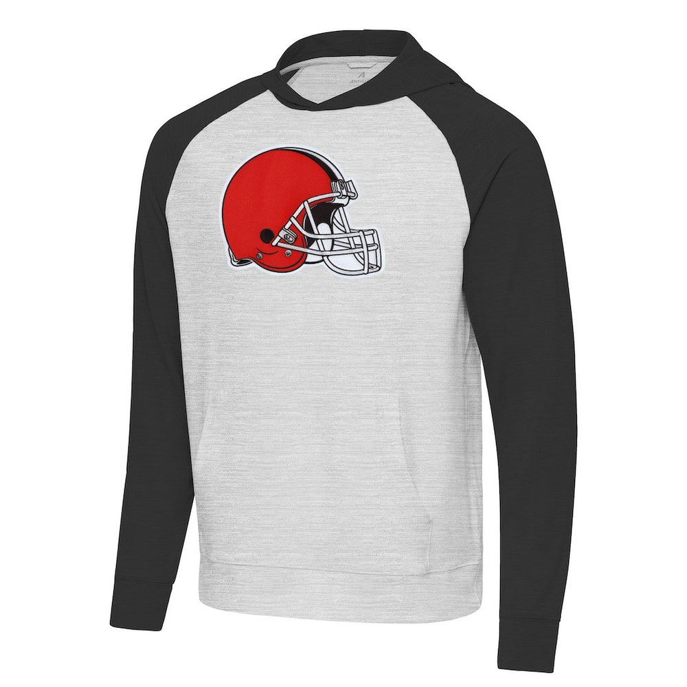 Cleveland Browns Antigua Urgent Raglan Pullover Hoodie - Heather Gray/Black for sale