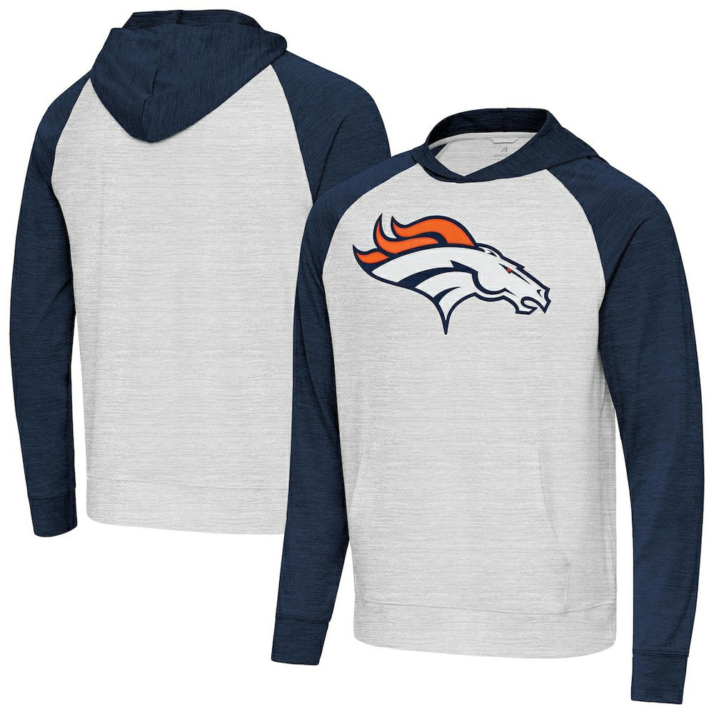 Denver Broncos Antigua Urgent Raglan Pullover Hoodie - Heather Gray/Heather Navy cheap