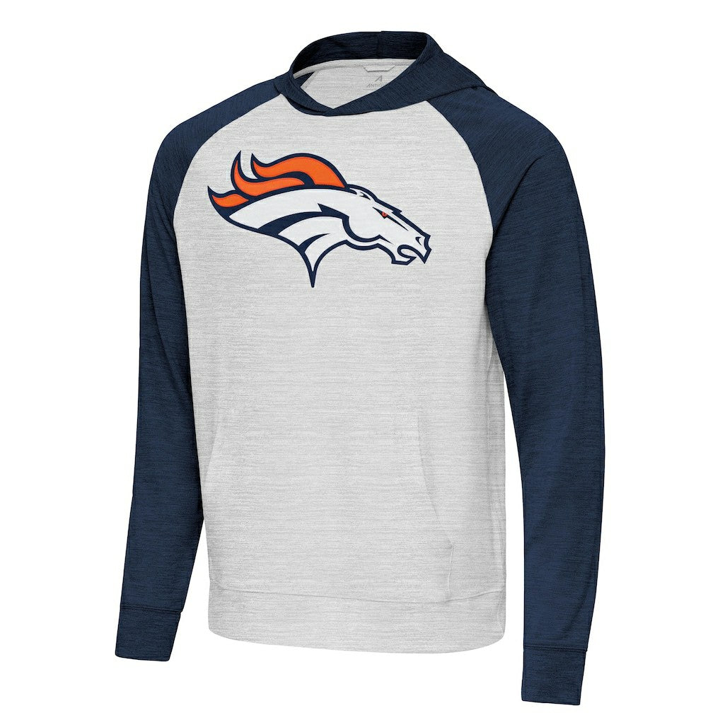 Denver Broncos Antigua Urgent Raglan Pullover Hoodie - Heather Gray/Heather Navy cheap