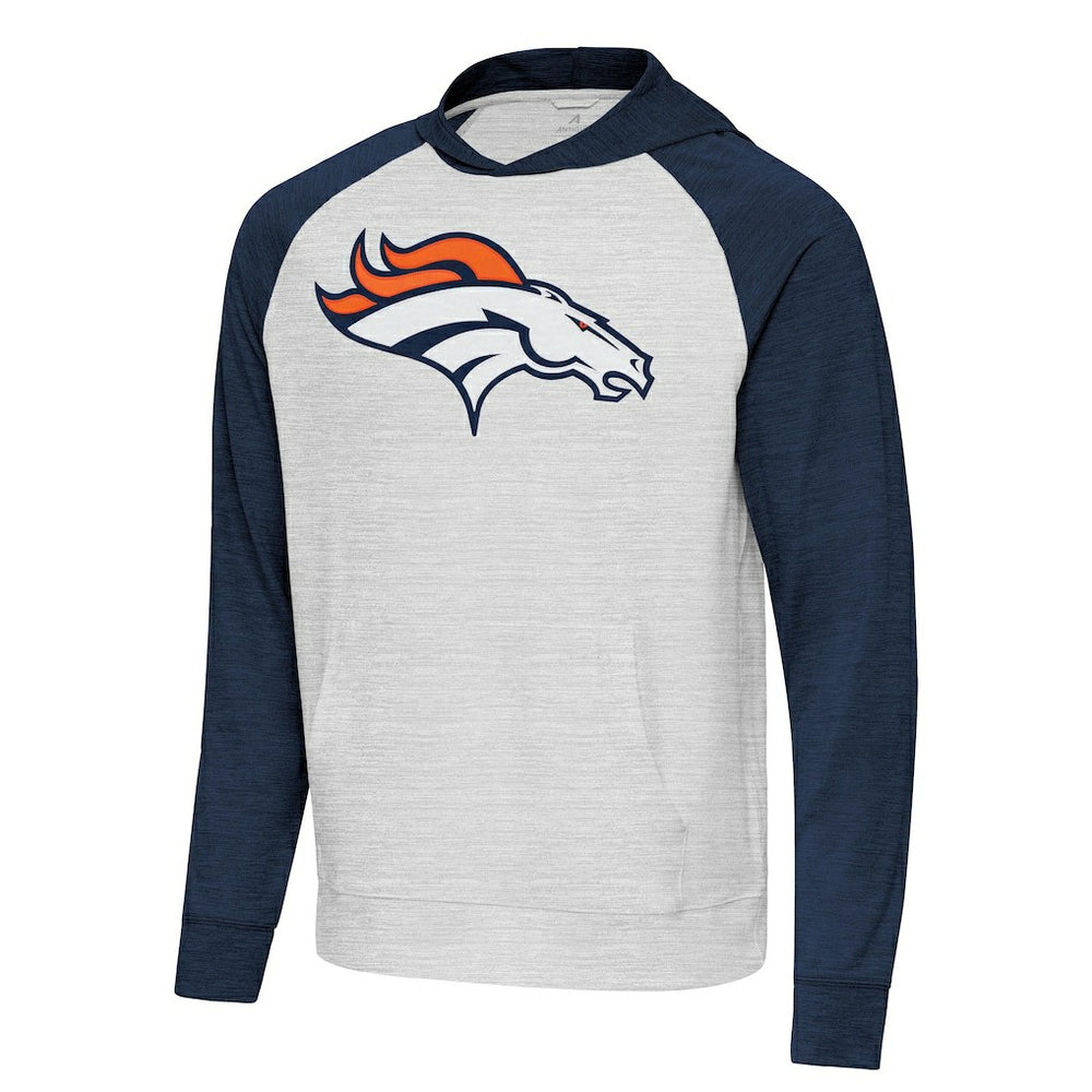 Denver Broncos Antigua Urgent Raglan Pullover Hoodie - Heather Gray/Heather Navy cheap