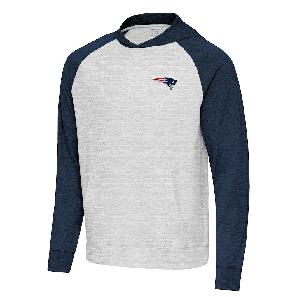 New England Patriots Antigua Urgent Pullover Hoodie - Heather Navy/Gray outlet