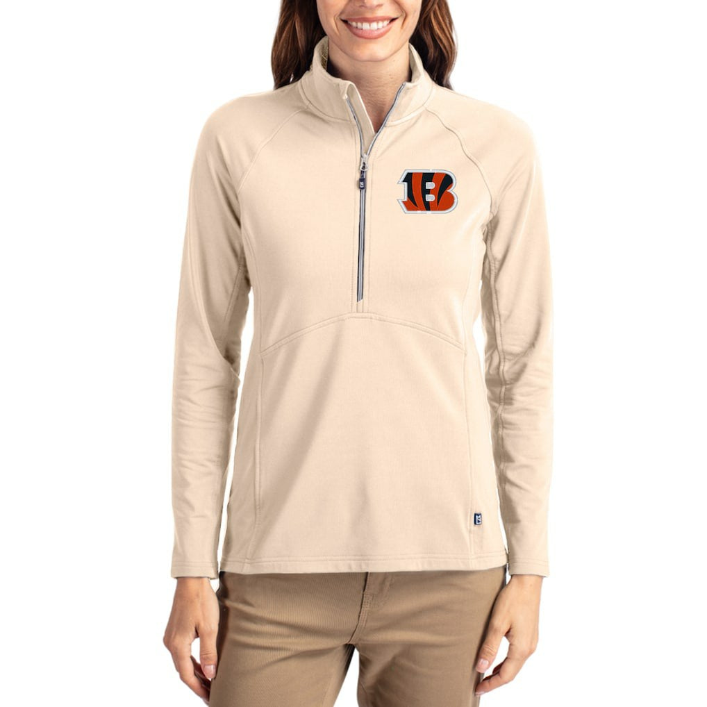 Cincinnati Bengals Cutter & Buck Women's Adapt Eco Knit Stretch Recycled Raglan Half-Zip Pullover - Tan sale