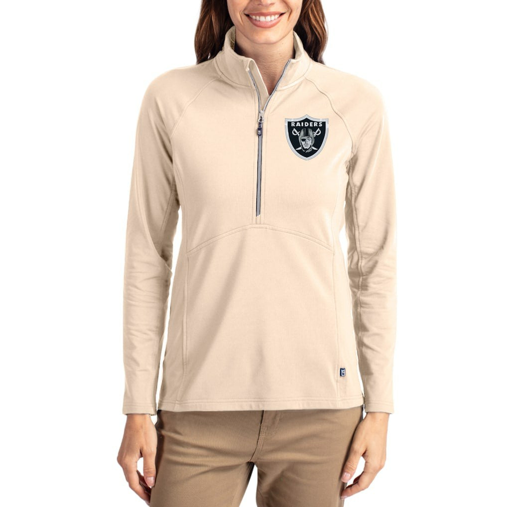 Las Vegas Raiders Cutter & Buck Women's Adapt Eco Knit Stretch Recycled Raglan Half-Zip Pullover - Tan for sale