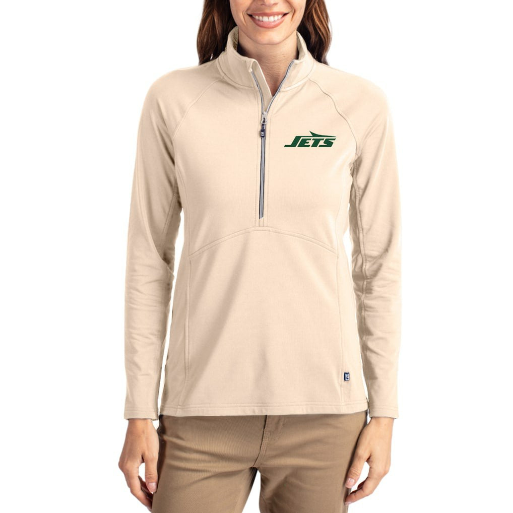 New York Jets Cutter & Buck Women's Adapt Eco Knit Stretch Recycled Raglan Half-Zip Pullover - Tan outlet