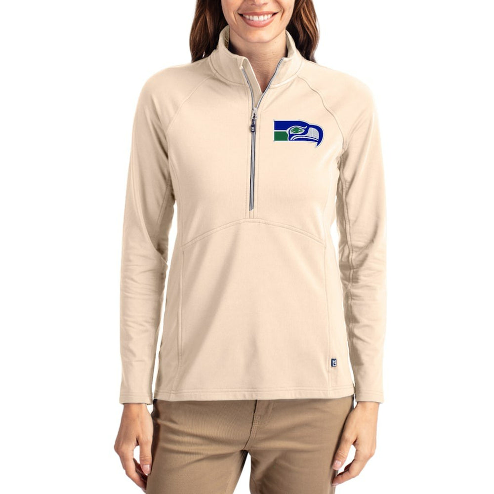 Seattle Seahawks Cutter & Buck Women's Throwback Adapt Eco Knit Stretch Recycled Raglan Half-Zip Pullover - Tan for sale