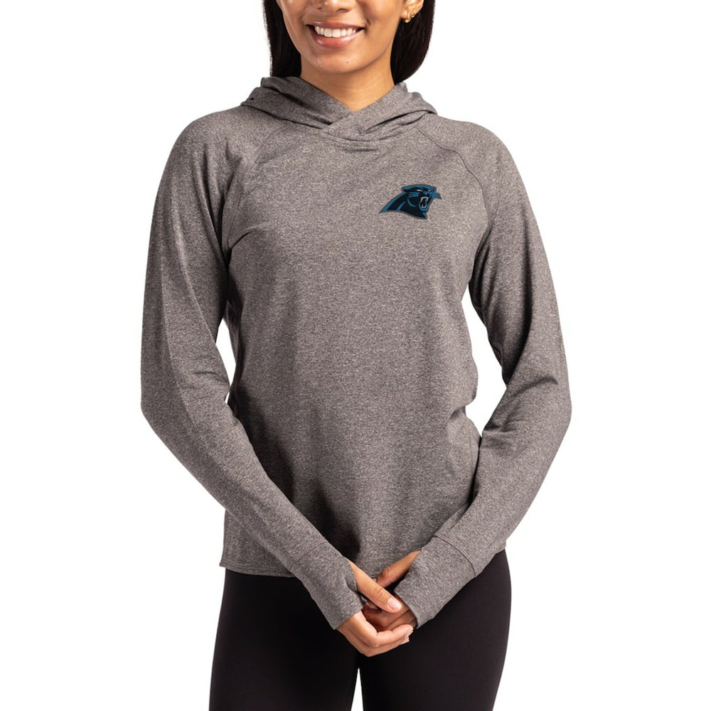 Carolina Panthers Cutter & Buck Women's Primary Logo Adapt Knit Recycled Raglan Pullover Hoodie - Heather Charcoal for sale