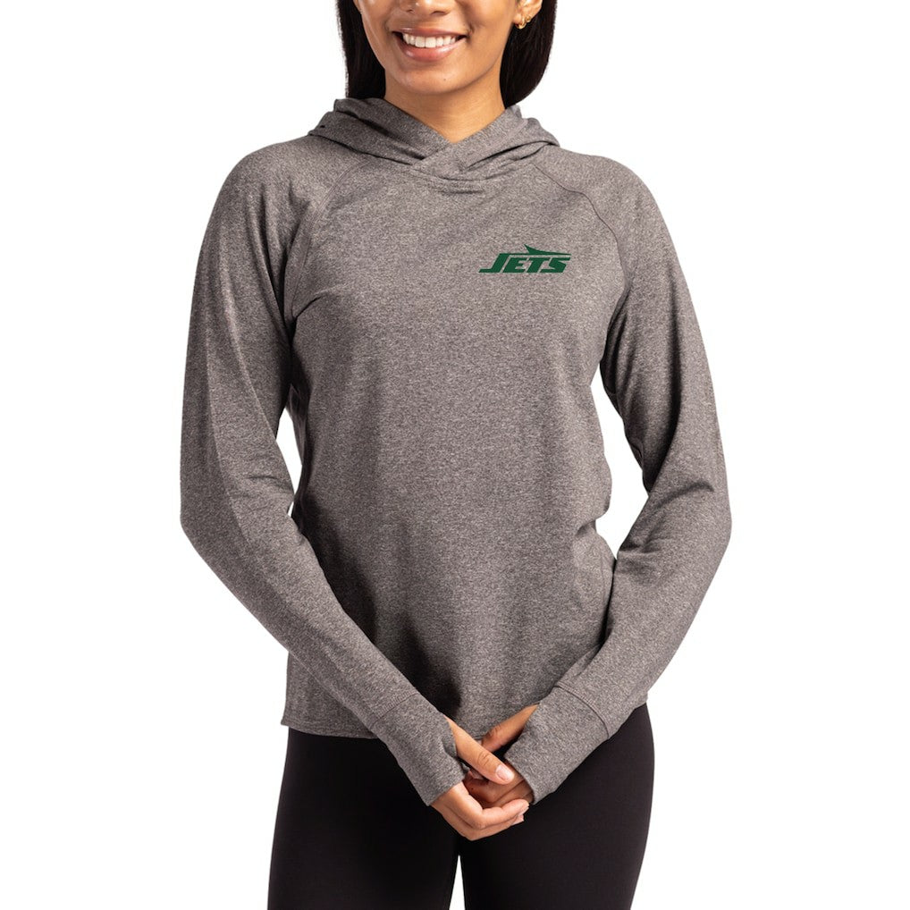 New York Jets Cutter & Buck Women's Primary Logo Adapt Knit Recycled Raglan Pullover Hoodie - Heather Charcoal online