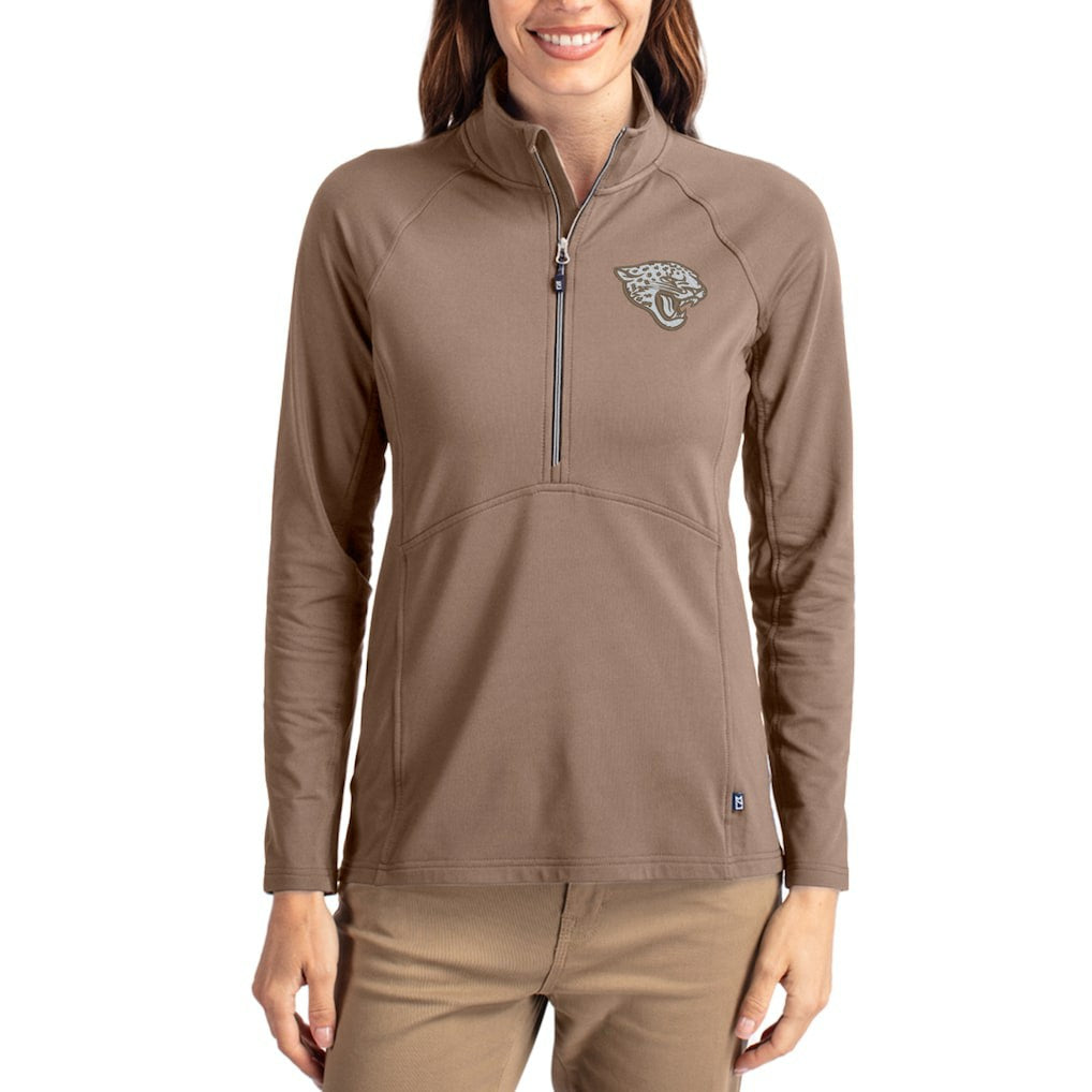 Jacksonville Jaguars Cutter & Buck Women's Tonal Adapt Eco Knit Stretch Recycled Raglan Half-Zip Pullover - Brown for sale