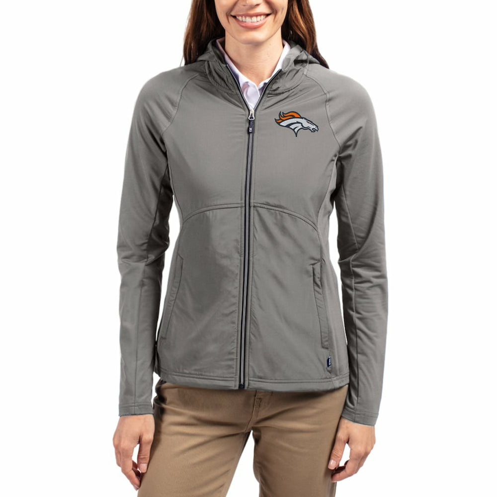 Denver Broncos Cutter & Buck Women's Adapt Eco Knit Hybrid Recycled Raglan Full-Zip Hoodie Jacket - Gray for sale