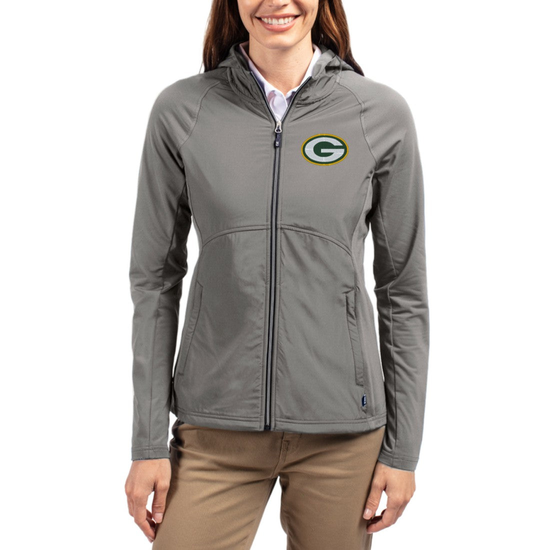 Green Bay Packers Cutter & Buck Women's Adapt Eco Knit Hybrid Recycled Raglan Full-Zip Hoodie Jacket - Gray on sale