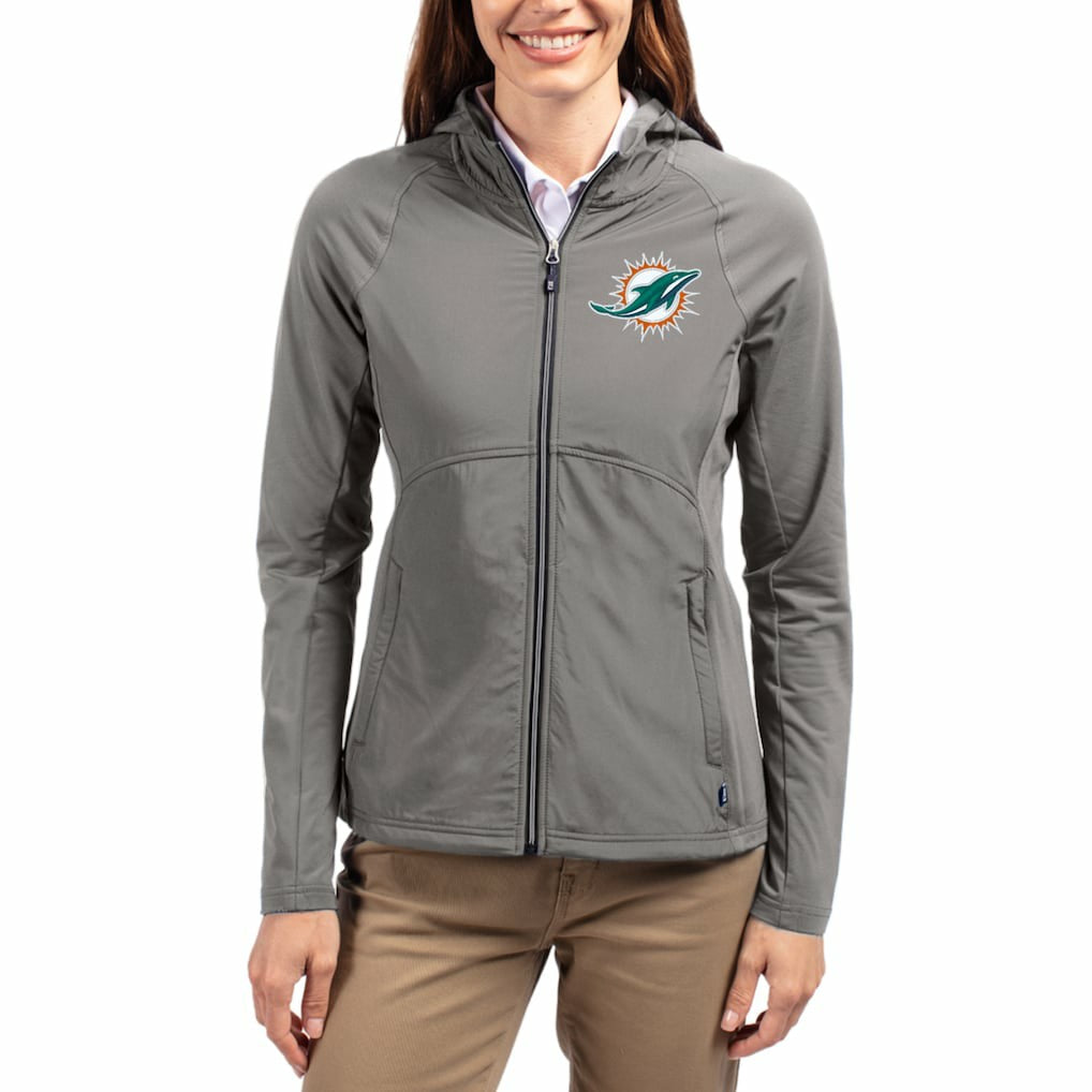 Miami Dolphins Cutter & Buck Women's Adapt Eco Knit Hybrid Recycled Raglan Full-Zip Hoodie Jacket - Gray for sale