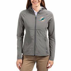 Miami Dolphins Cutter & Buck Women's Adapt Eco Knit Hybrid Recycled Raglan Full-Zip Hoodie Jacket - Gray for sale
