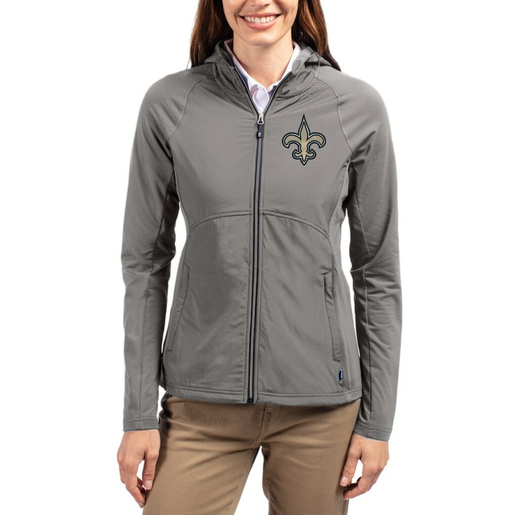 New Orleans Saints Cutter & Buck Women's Adapt Eco Knit Hybrid Recycled Raglan Full-Zip Hoodie Jacket - Gray for sale