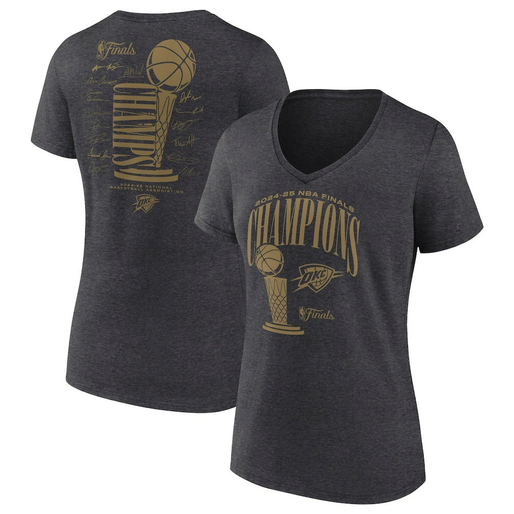Oklahoma City Thunder Women's 2025 NBA Finals Champions Double Dribble V-Neck T-Shirt - Heather Charcoal for sale