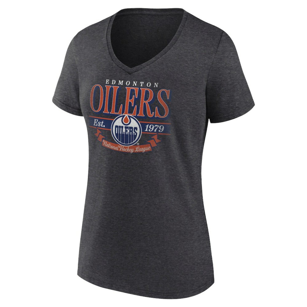 Edmonton Oilers Women's Retro Banner V-Neck T-Shirt - Charcoal T-shirts