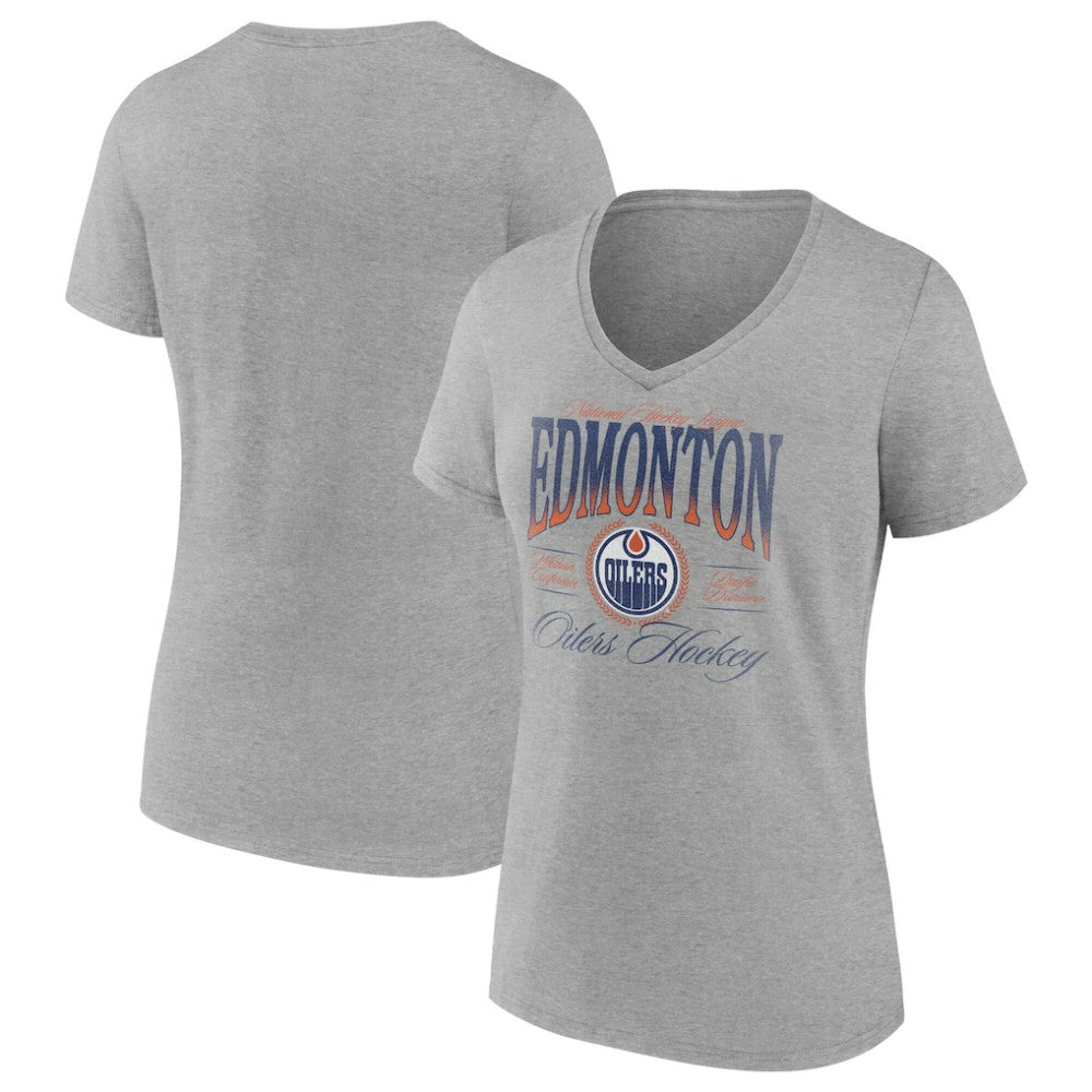 Edmonton Oilers Women's Retro Script V-Neck T-Shirt - Gray T-shirts