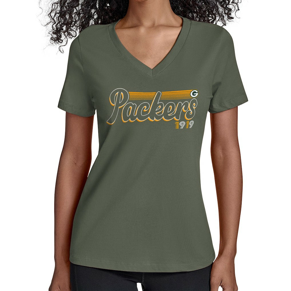 Green Bay Packers Starter Women's Groovy Script V-Neck T-Shirt - Green for sale