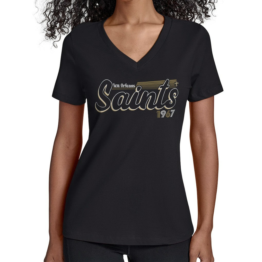 New Orleans Saints Starter Women's Groovy Script V-Neck T-Shirt - Black sale