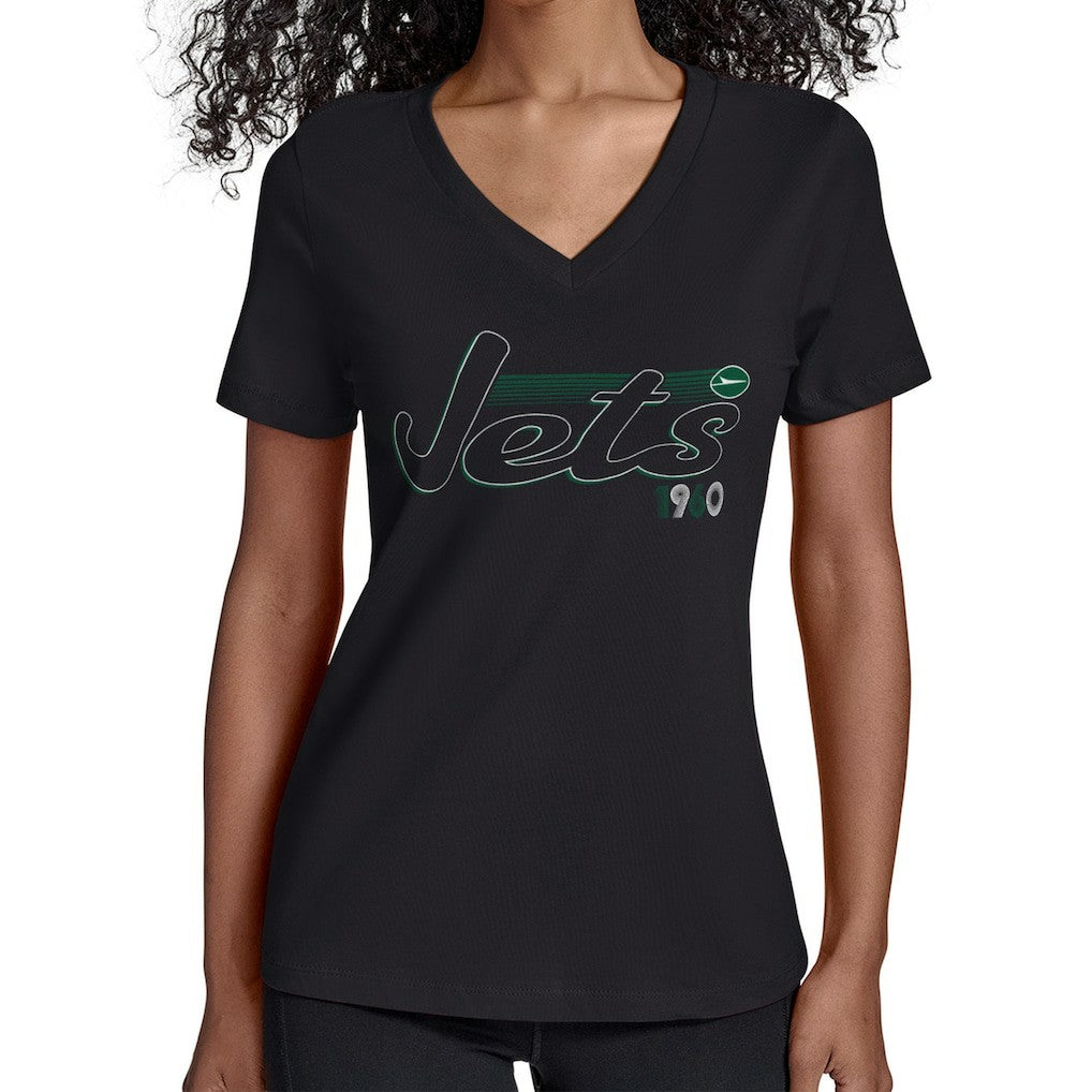 New York Jets Starter Women's Groovy Script V-Neck T-Shirt - Black for sale