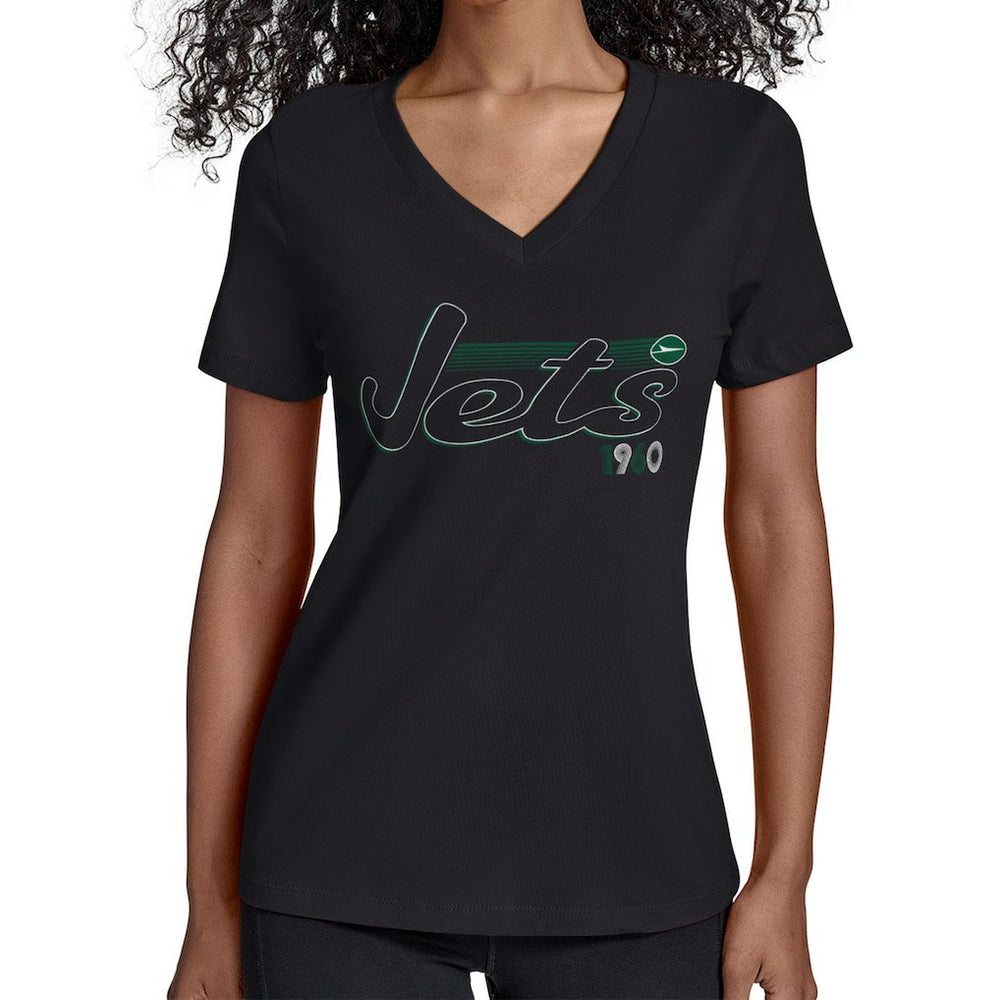 New York Jets Starter Women's Groovy Script V-Neck T-Shirt - Black for sale