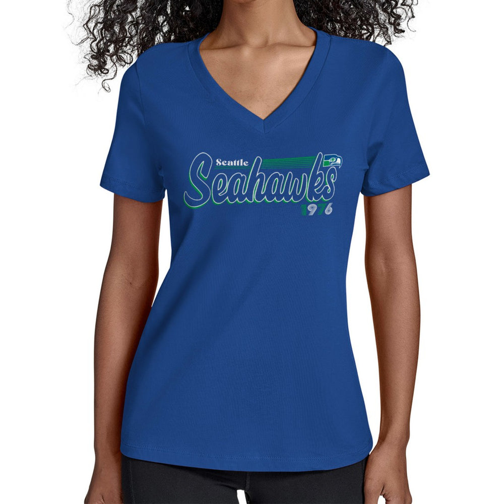 Seattle Seahawks Starter Women's Throwback Groovy Script V-Neck T-Shirt - Royal cheap