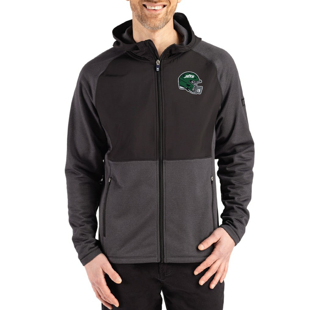 New York Jets Cutter & Buck Peshastin Eco Fleece Recycled Raglan Full-Zip Tri-Blend Hybrid Jacket - Heather Black online