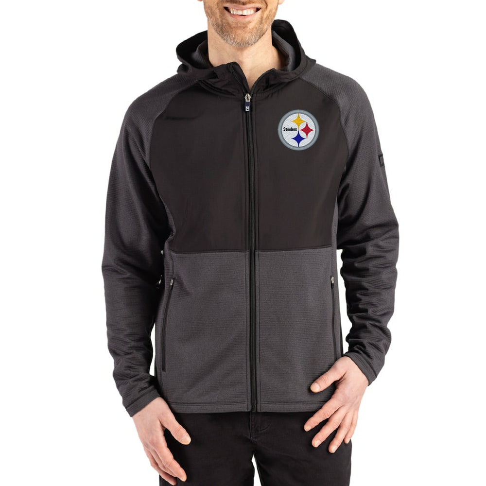 Pittsburgh Steelers Cutter & Buck Peshastin Eco Fleece Recycled Raglan Full-Zip Tri-Blend Hybrid Jacket - Heather Black on sale