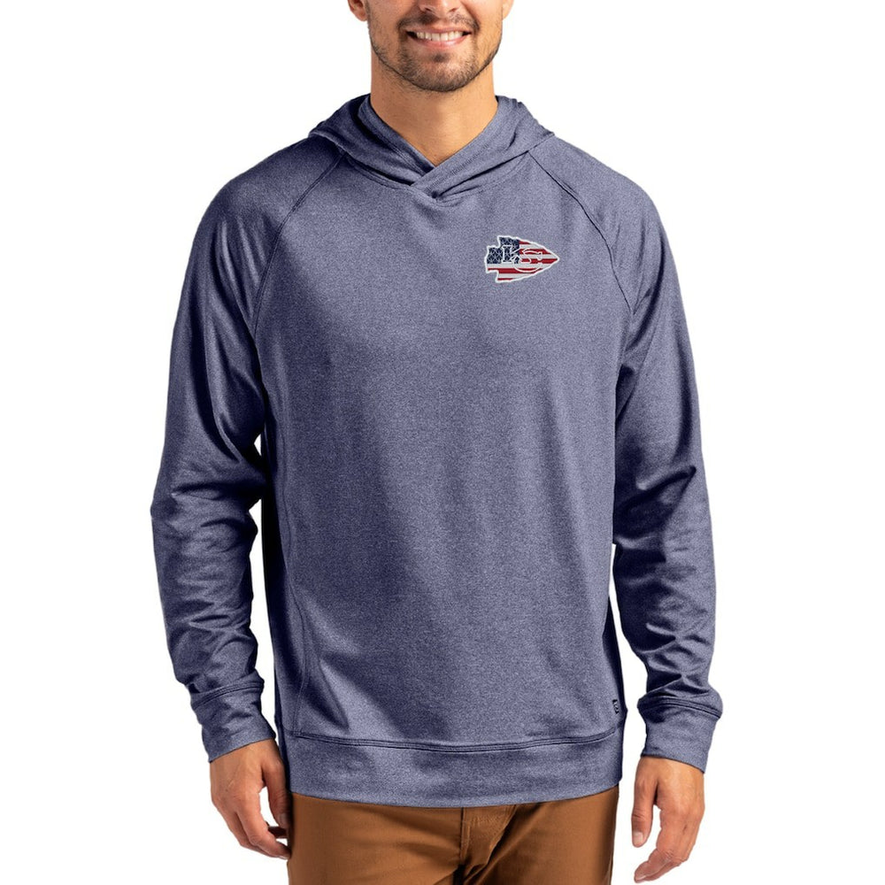 Kansas City Chiefs Cutter & Buck Adapt Americana Knit Recycled Raglan Pullover Hoodie - Heather Navy for sale