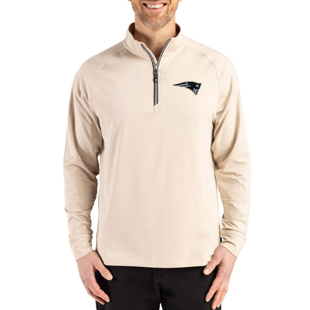 New England Patriots Cutter & Buck Adapt Eco Knit Stretch Recycled Quarter-Zip Pullover - Tan for sale