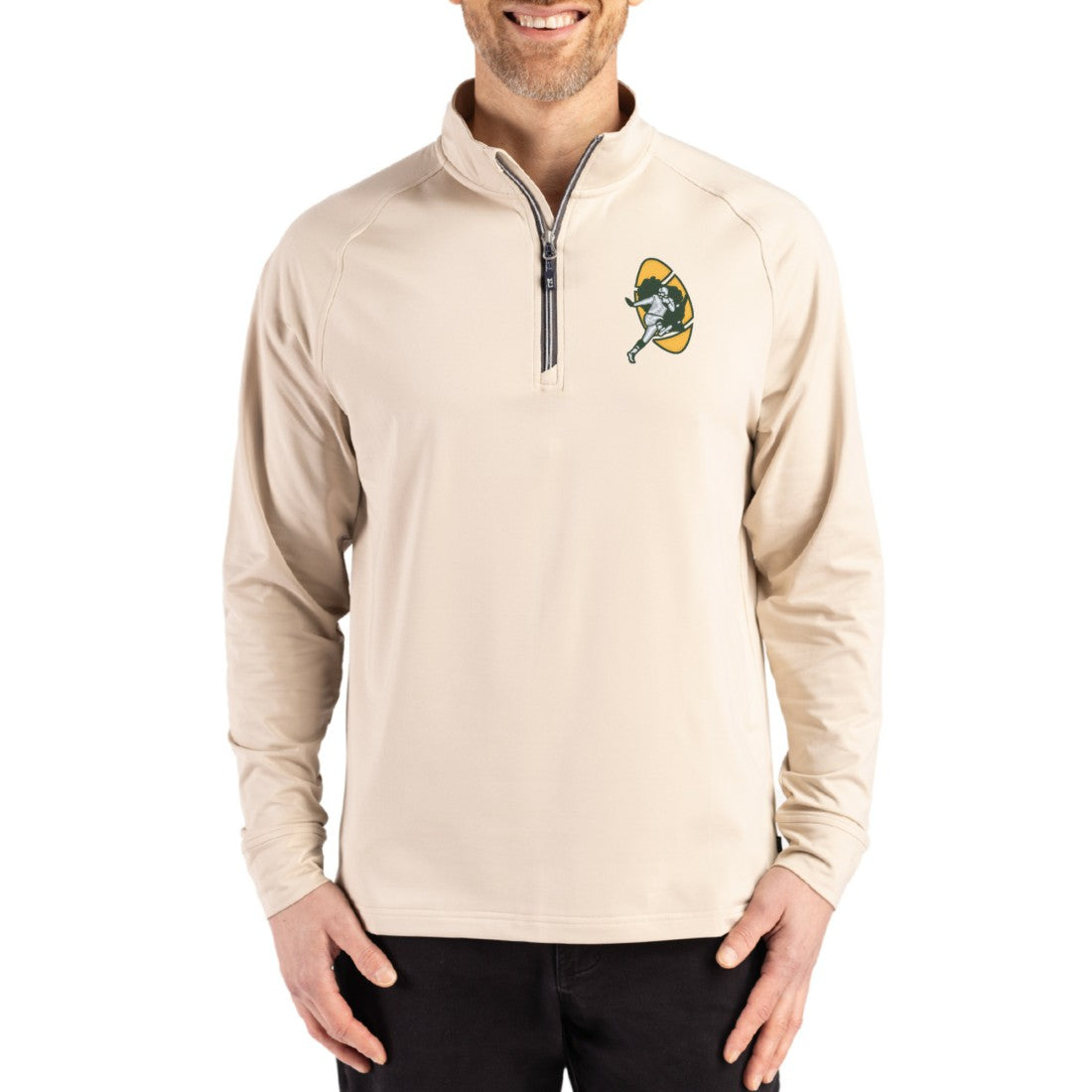 Green Bay Packers Cutter & Buck Throwback Logo Adapt Eco Knit Stretch Recycled Quarter-Zip Pullover - Tan for sale