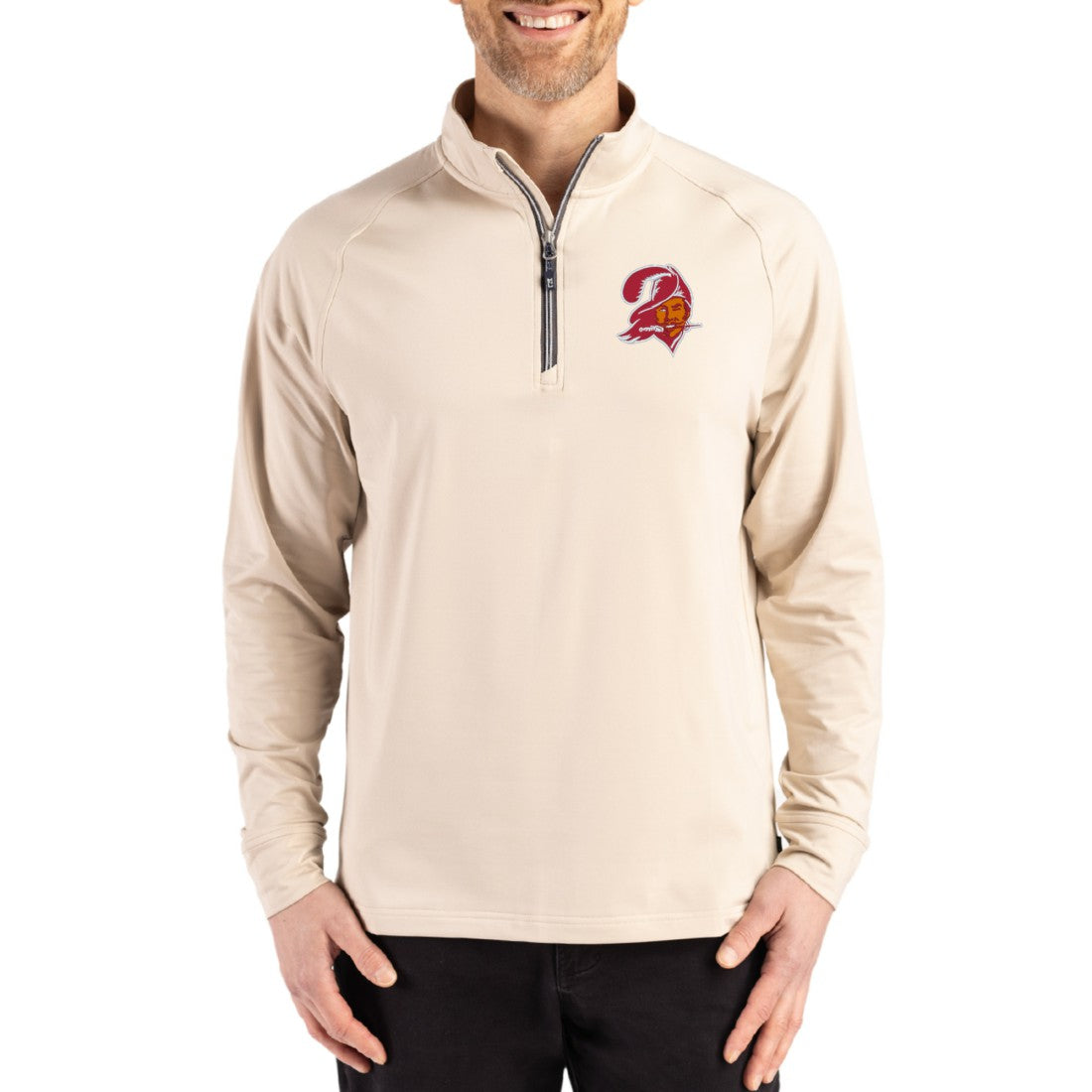 Tampa Bay Buccaneers Cutter & Buck Throwback Logo Adapt Eco Knit Stretch Recycled Quarter-Zip Pullover - Tan outlet