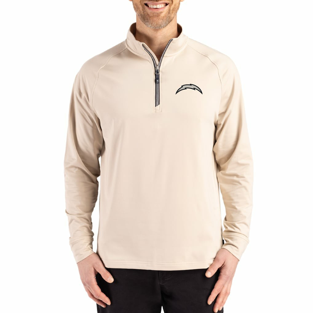 Los Angeles Chargers Cutter & Buck Adapt Eco Knit Stretch Recycled Quarter-Zip Pullover - Tan for sale