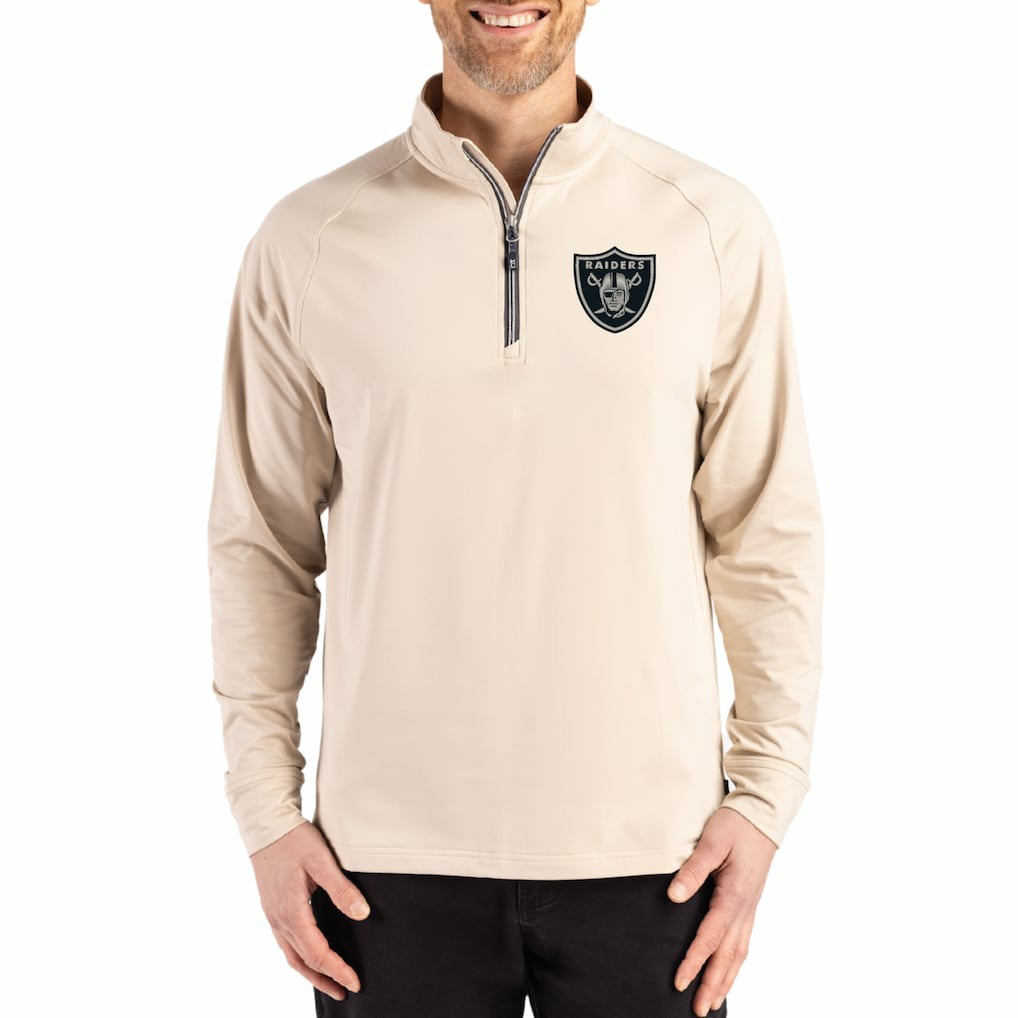 Las Vegas Raiders Cutter & Buck Adapt Eco Knit Stretch Recycled Quarter-Zip Pullover - Tan for sale
